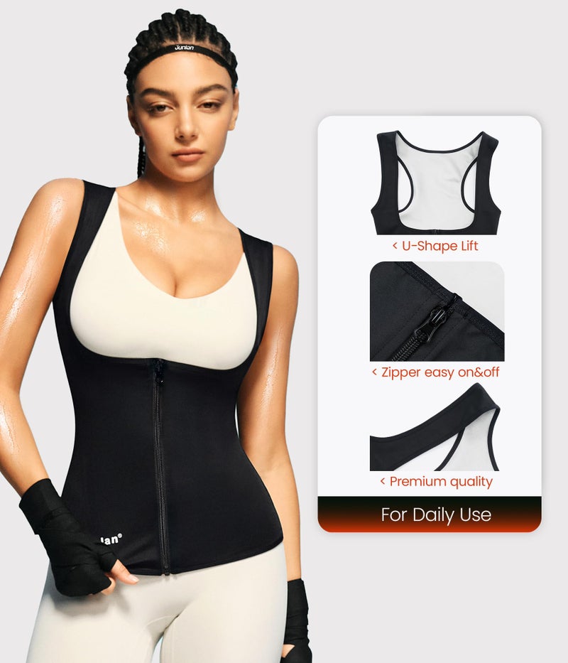 Junlan Sauna Suit for Women Waist Trainer Vest Sweat Tank Top Shaper for Women with Zipper (Black, Medium) - Image 2